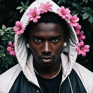 Man in Floral Hooded Jacket Against Green Leaves
