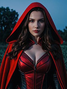 Photorealistic Woman in Scarlet Witch Costume Outdoor Portrait at Twilight