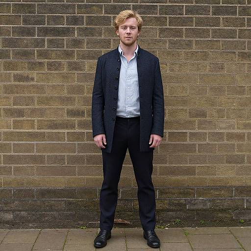 Young Man in Smart Casual Navy Coat and Trousers Against Brick Wall