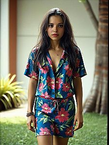 Young Woman in Floral Print Blue Shirt and Shorts Set Outdoors