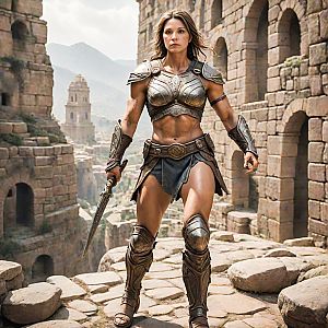 Determined Woman Warrior in Ancient Ruins