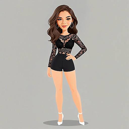 Chic Woman in Black Lace Top and Shorts Fashion Illustration