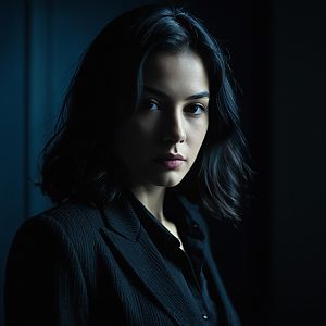 Moody Low-Light Portrait of Woman in Dark Blazer