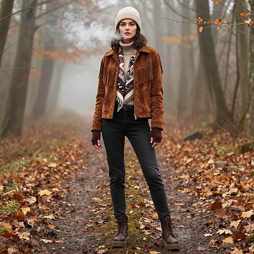 Young Woman in Stylish Autumn Outfit Standing on Forest Path
