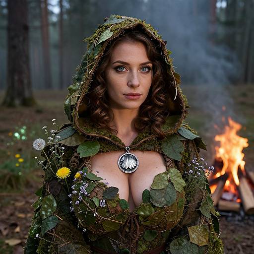 Woman in Fantasy Forest Costume with Leaf and Moss Cloak by Campfire