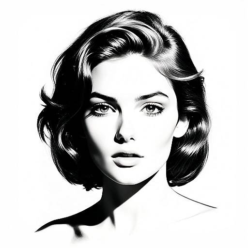 Black and White Portrait of Young Woman with Retro Wavy Hair