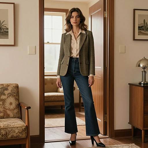 Woman in Checked Blazer and Dark Blue Jeans Indoor Fashion Style