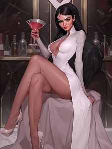 Elegant Woman in White Dress with Cocktail at Modern Bar