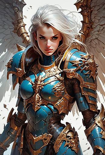 Woman Warrior in Ornate Blue and Gold Armor with White Hair and Wings