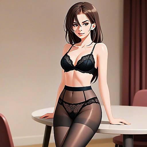Stylish Digital Illustration of Woman in Black Lace Lingerie and Sheer Stockings