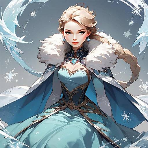 Anime Style Winter Fantasy Woman in Elegant Blue Gown with Snowflakes