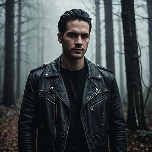 Young man in leather jacket in misty forest