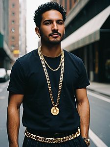 Man Wearing Gold Jewelry Chains Waist Up Urban Street Style