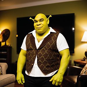 Confident Man with Green Skin in Cozy Living Room