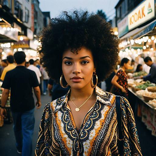 Portrait of Woman with Afro Hairstyle at Vibrant Street Market