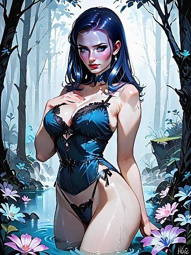 Dark Fantasy Illustration of Woman in Medieval Lingerie in Forest Pond