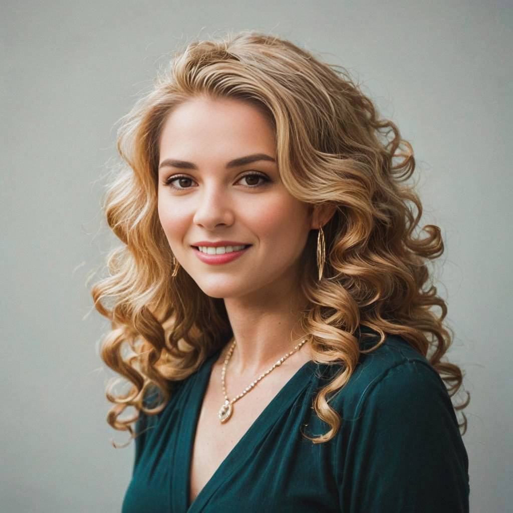 Confident young woman with curly blonde hair in teal top Confident young woman with curly blonde hair in teal top