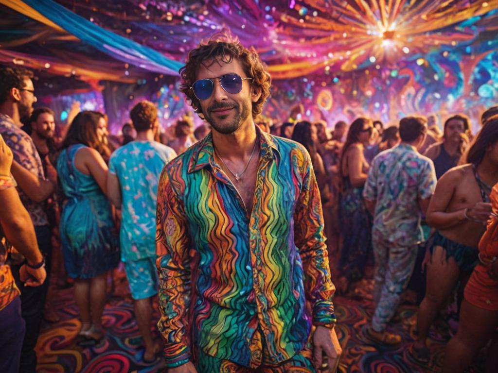 Man in Psychedelic Shirt at Lively Party