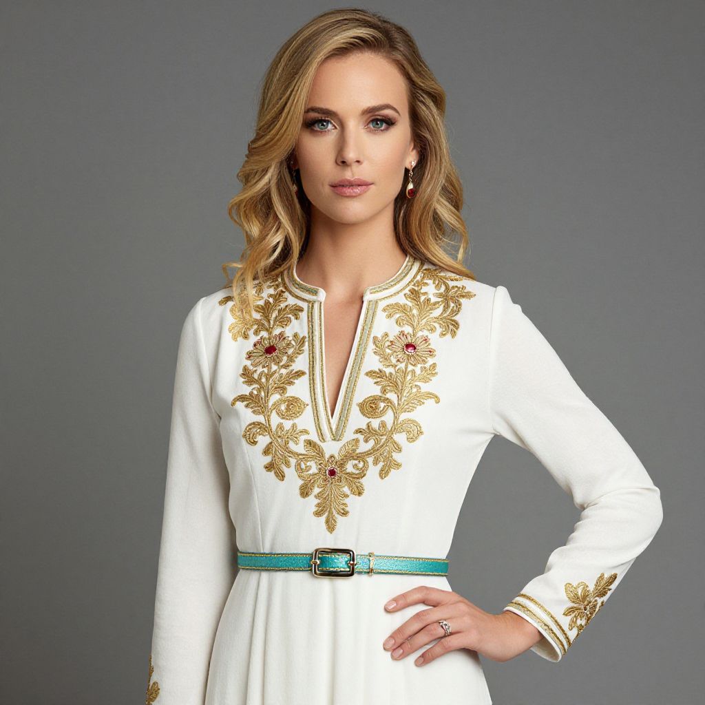 Elegant Woman in White Dress with Gold Embroidery and Turquoise Belt