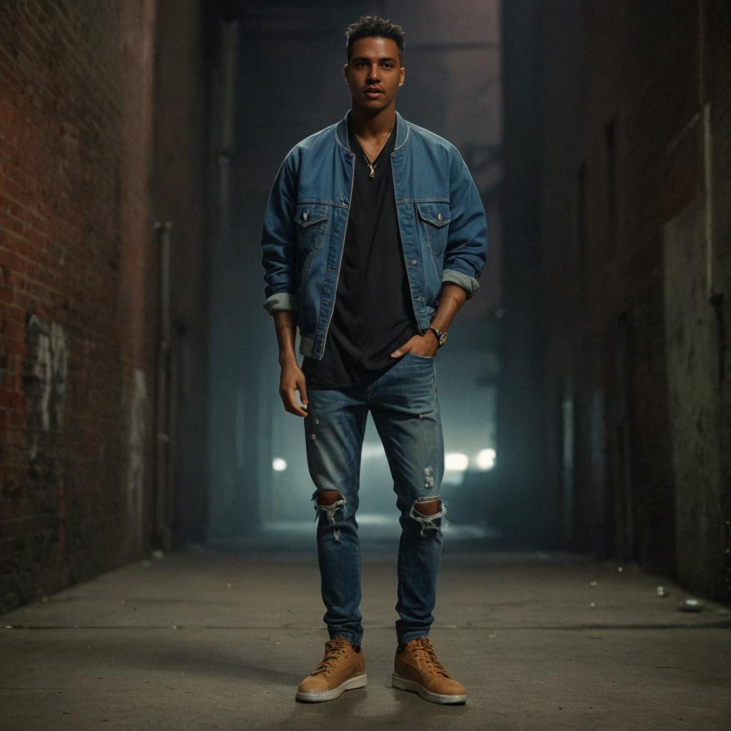 Stylish man in denim jacket in urban alleyway