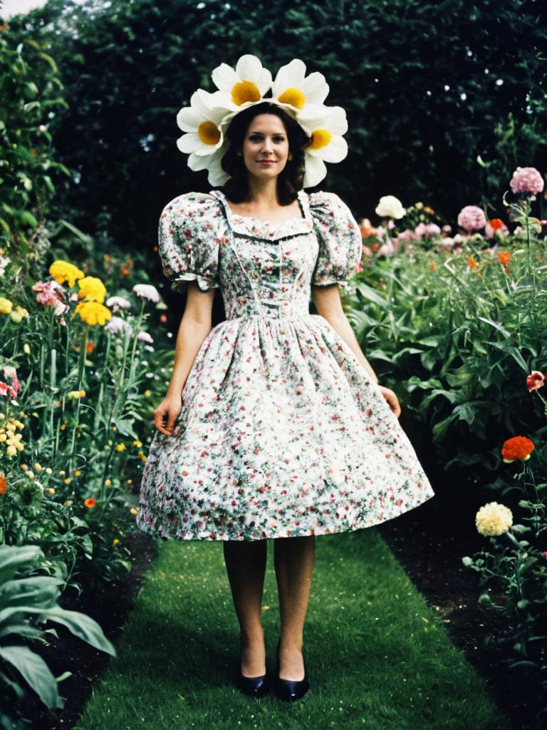 Woman in Floral Dress with Oversized Daisy Hat in Garden Portrait