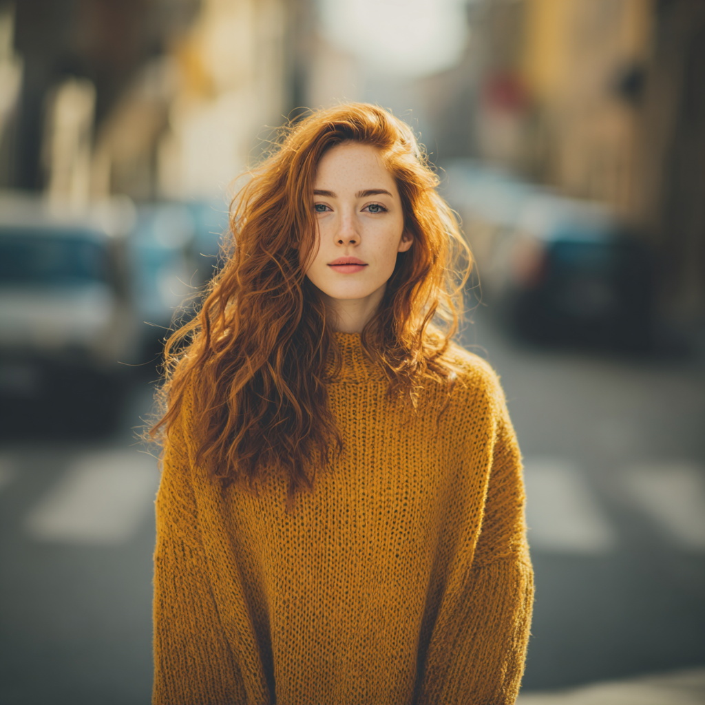 Moody Portrait of Young Woman with Red Hair in Urban Setting
