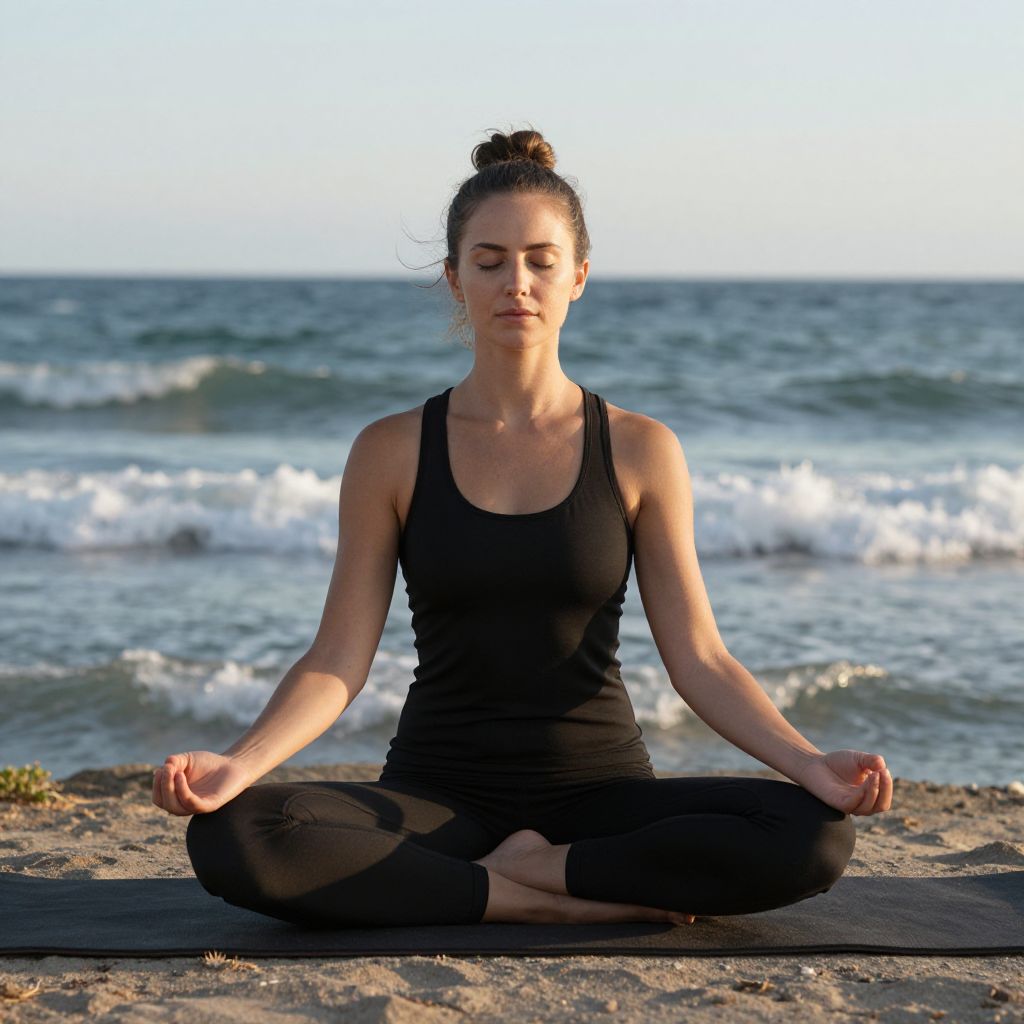 Woman Meditating in Lotus Position on Beach by Ocean Waves