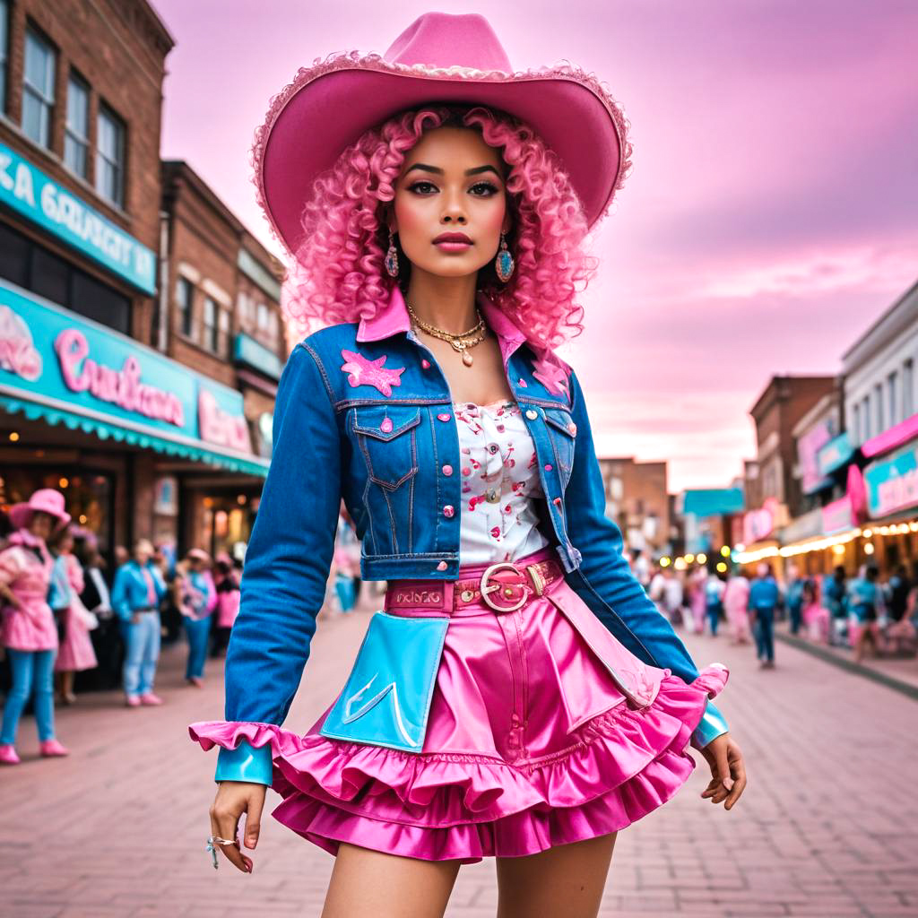 Stylish Woman in Cowboy Outfit with Pink Hat