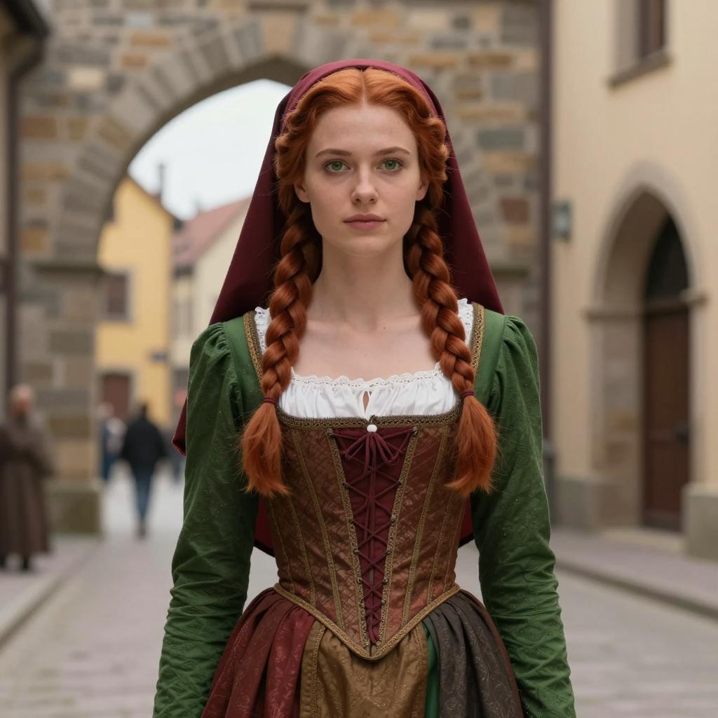 Woman in Renaissance Costume with Braided Hair in Historic European Street