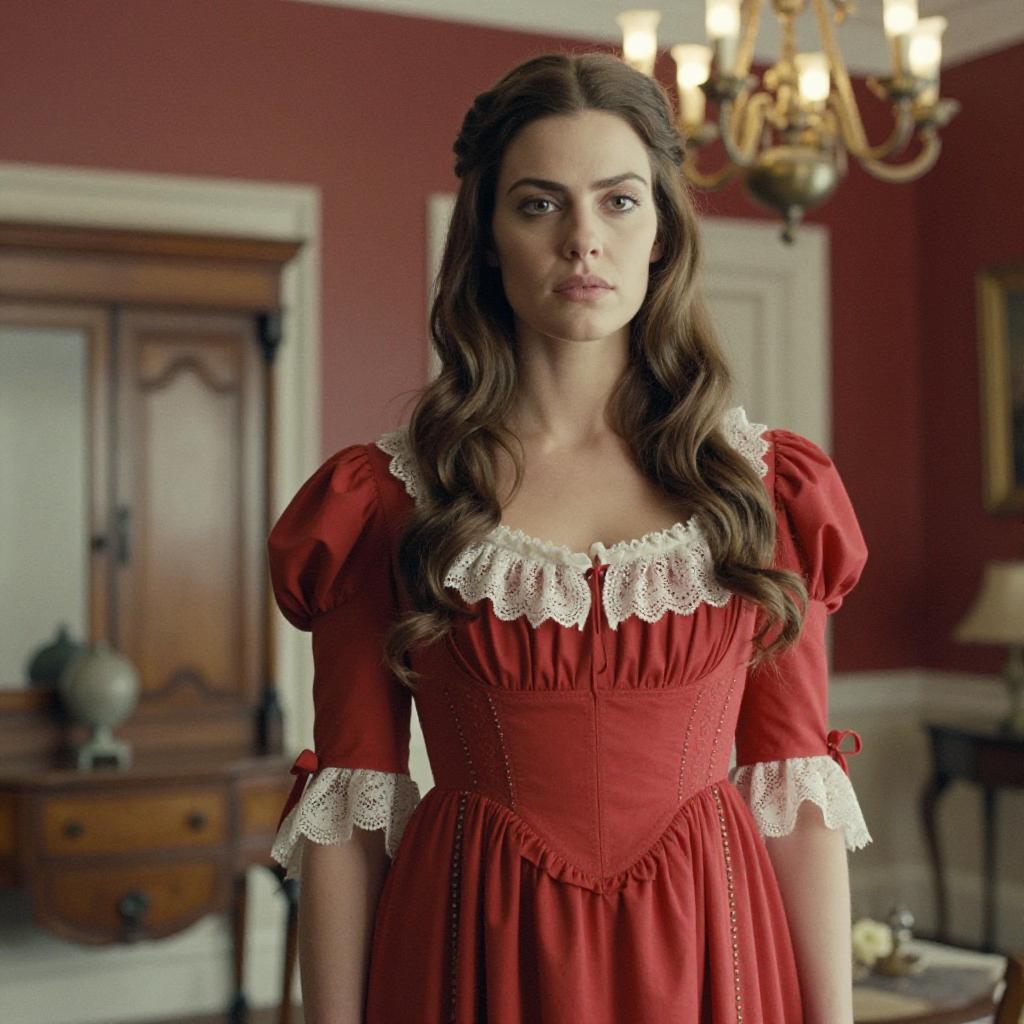 Woman in Vintage Red Victorian Dress in Classic Room