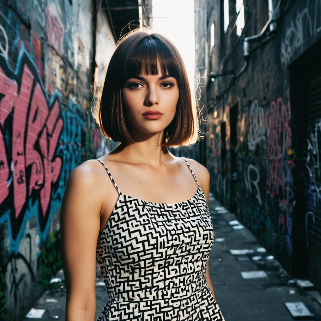 Confident Woman Posing in Graffiti-Covered Urban Alleyway