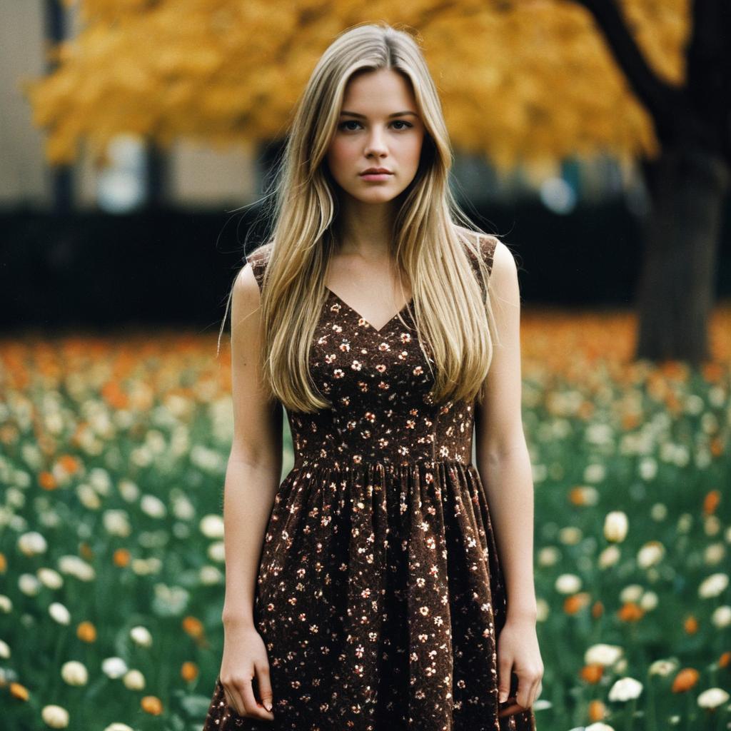 Young Woman in Brown Floral Dress in Fall Flower Field