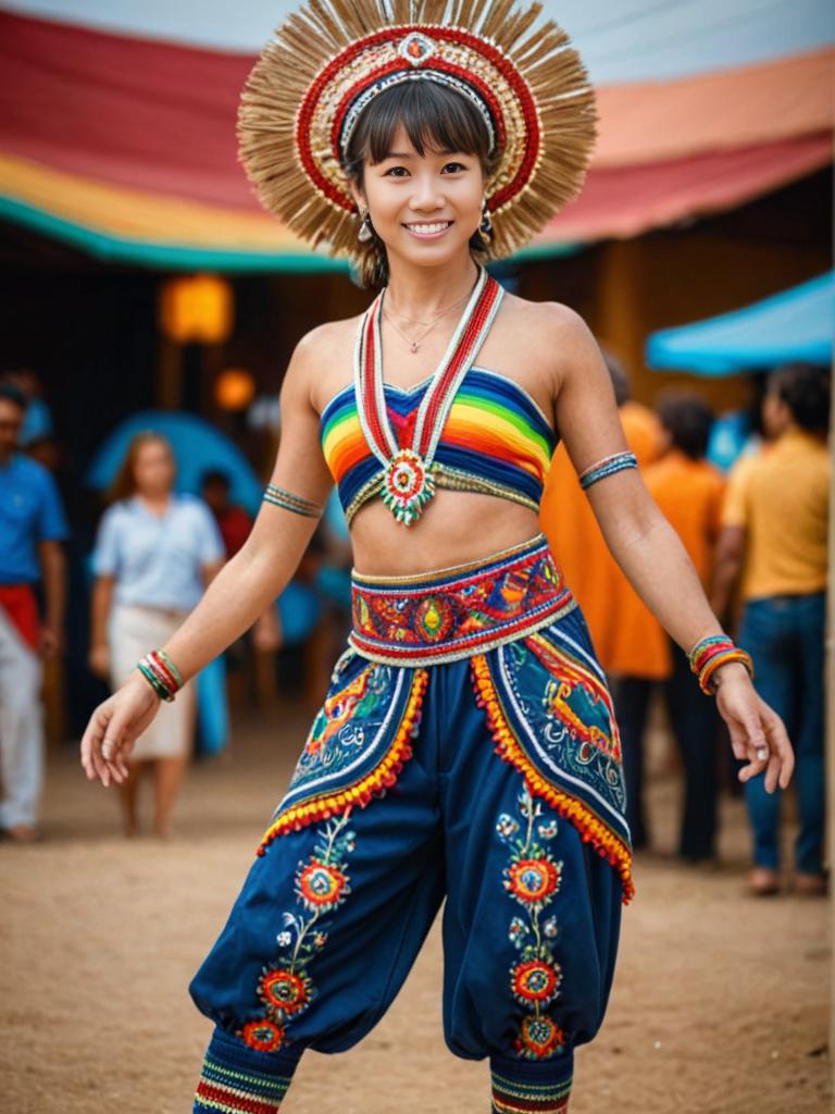 Woman in Traditional Colorful Attire at Festival