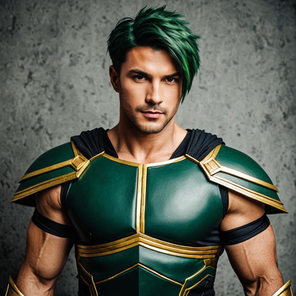Modern Achilles Warrior with Green Hair and Futuristic Armor