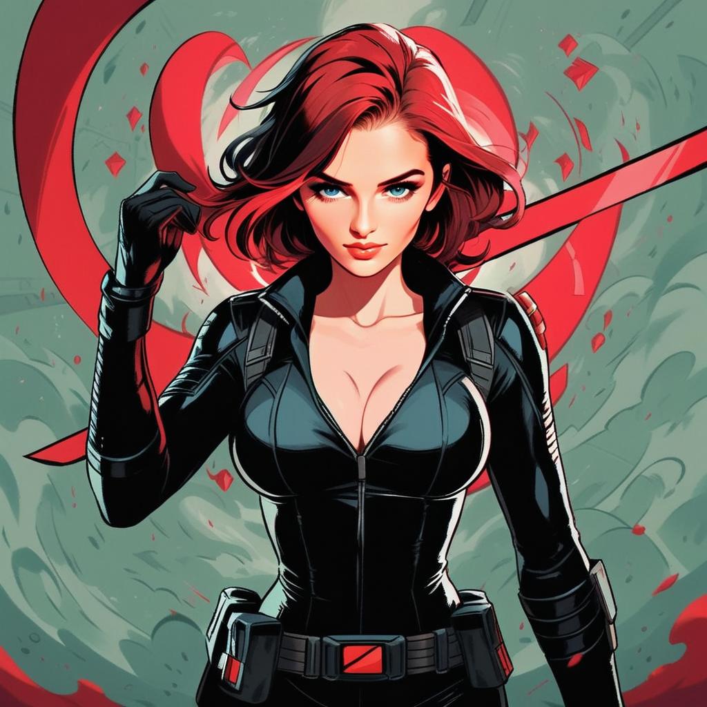 Black Widow Digital Illustration with Red Hair in Tactical Suit