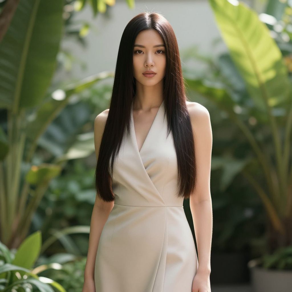 Elegant Woman in Light Dress Surrounded by Tropical Greenery