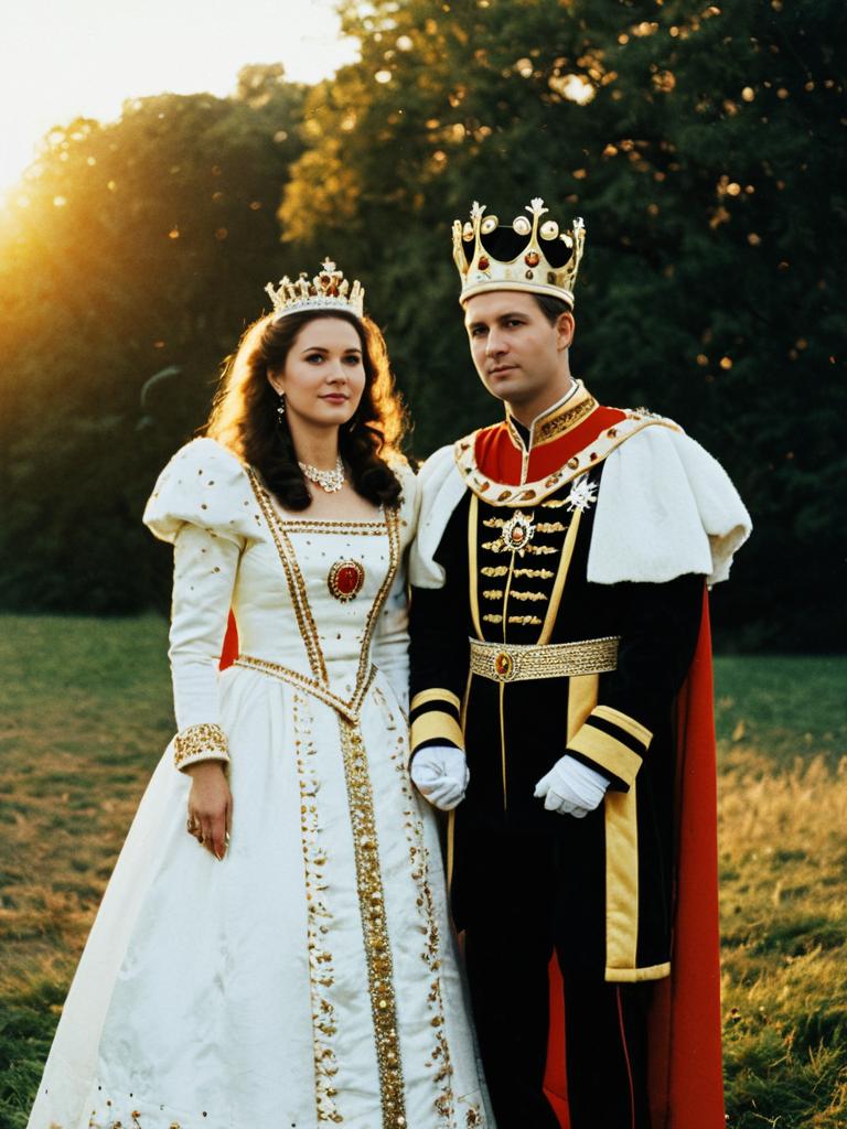 Photorealistic Outdoor Portrait of Couple in King and Queen Costumes
