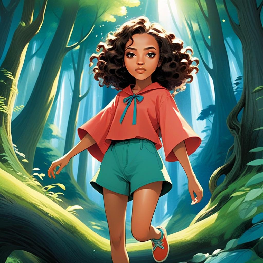 Confident Girl in Colorful Outfit in Vibrant Forest Confident Girl in Colorful Outfit in Vibrant Forest
