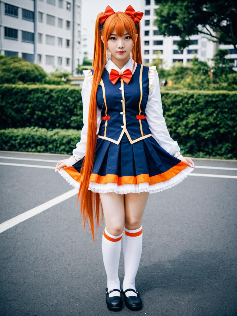 Akazutsumi Momoko Anime School Uniform Cosplay with Long Orange Twin Tails