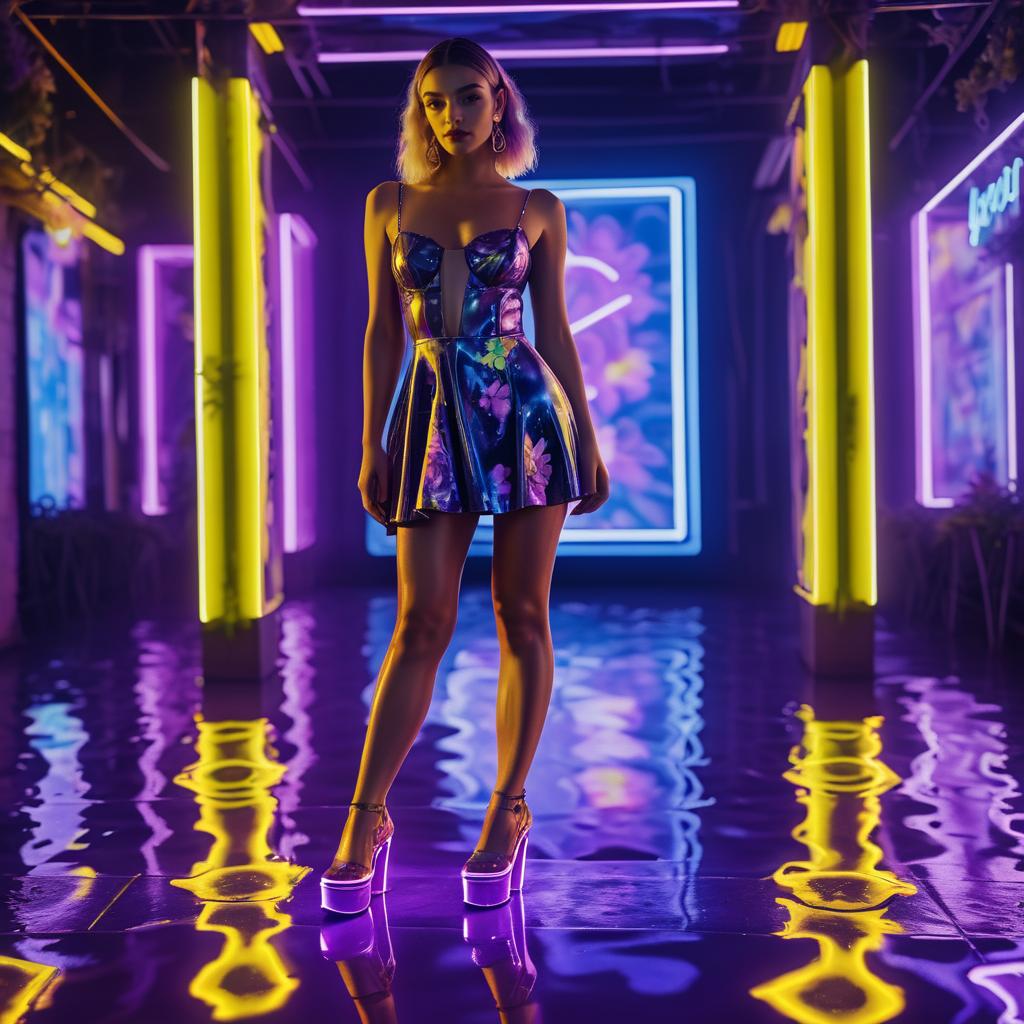 Confident Woman in Floral Metallic Mini Dress in Neon Environment