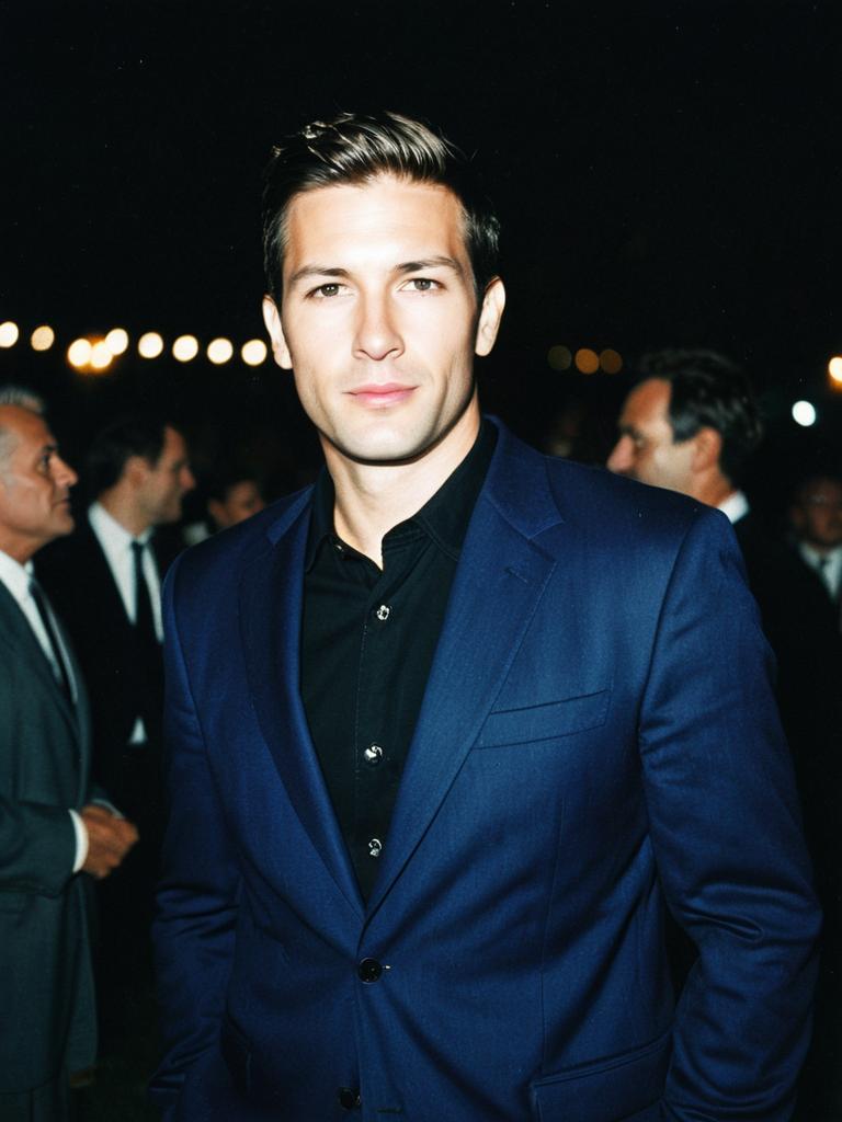 Man in Navy Blue Suit with Black Shirt Candid Fashion Portrait at Evening Event