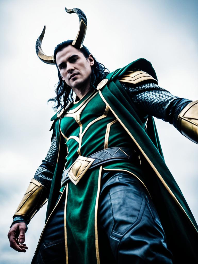 Man in Loki Ragnarok Cosplay Costume Cinematic Low Angle Photo