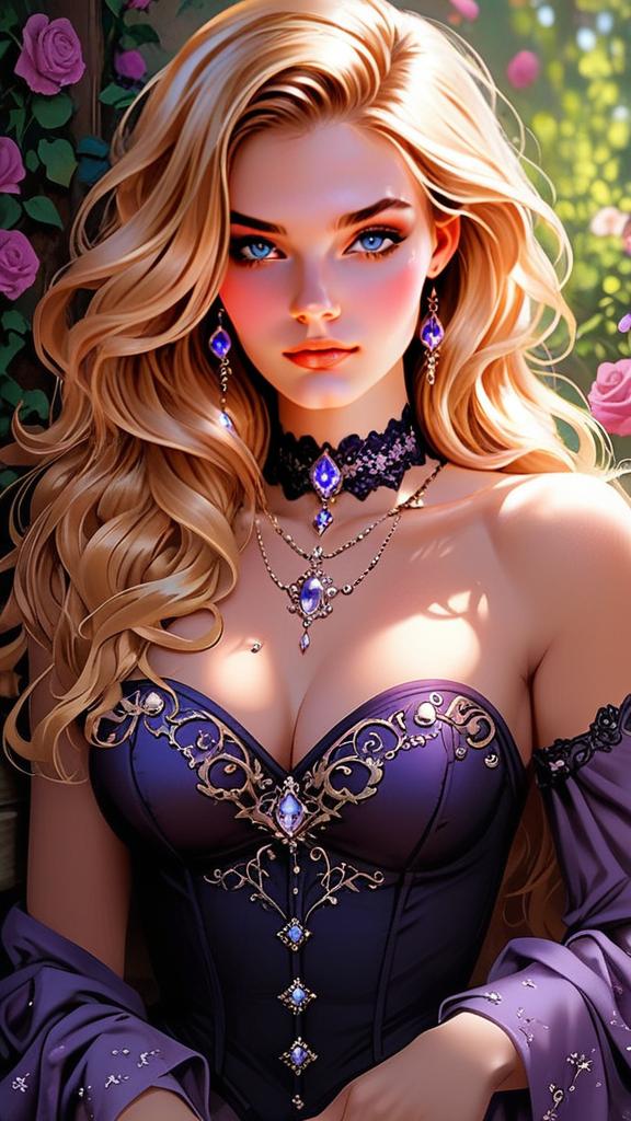 Elegant Blonde Woman in Purple Corset with Blue Eyes