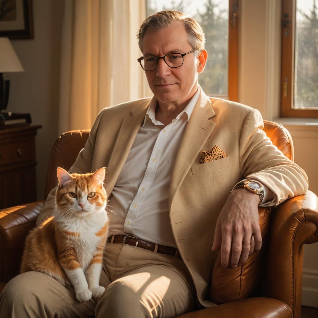 Man in beige suit with cat on lap