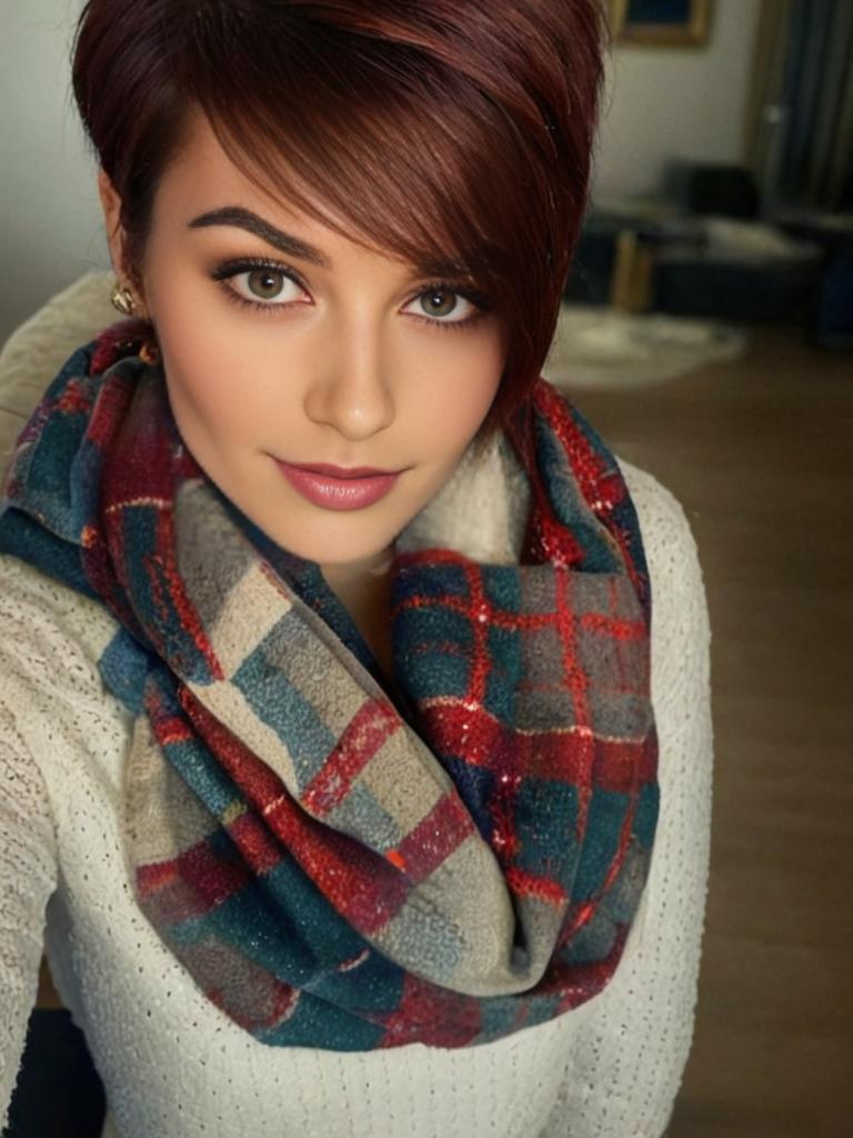 Stylish woman with chic haircut in cozy knitwear and plaid scarf