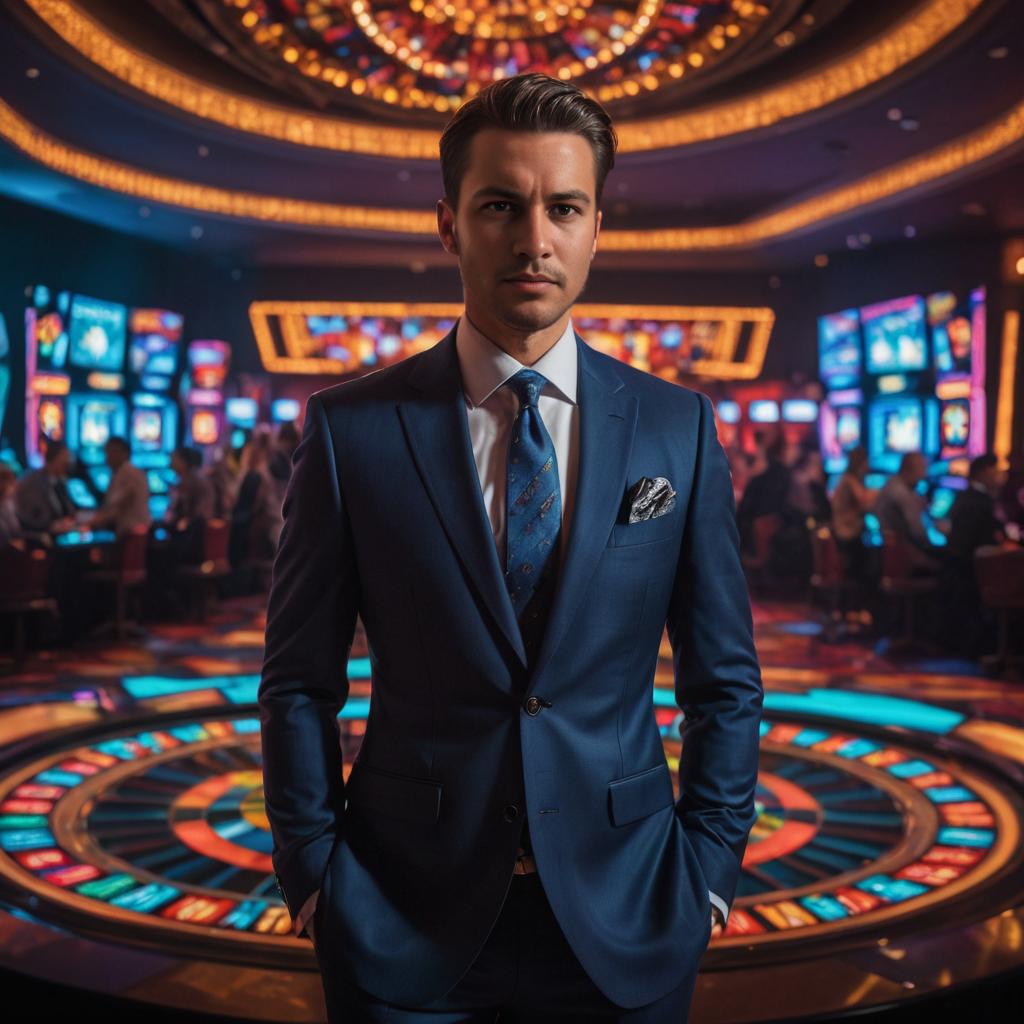 Confident man in front of roulette wheel