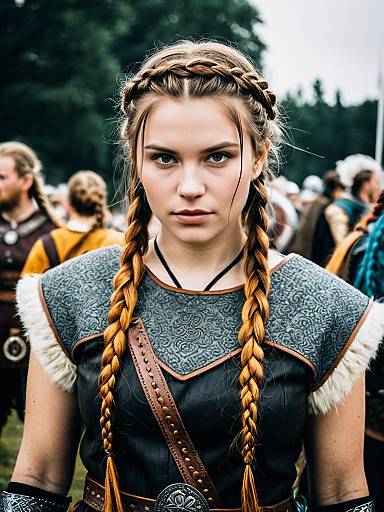 Woman in Viking Braids Costume Cosplay Festival Portrait Realistic