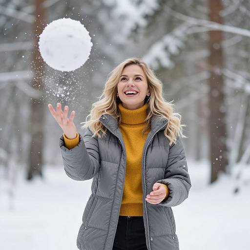 Happy Woman Tossing Snowball in Winter Forest
