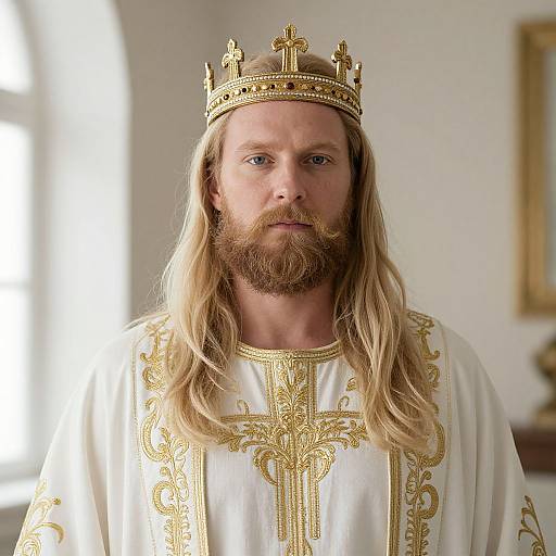 Regal Man Wearing Golden Crown and Ornate White Robe with Gold Embroidery