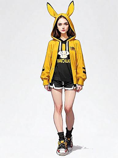 Realistic Comic Style Woman in Yellow Animal Ear Hoodie and Casual Streetwear